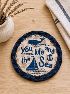 Me and the Sea Braided Jute Coaster 5" Coastal Nautical NWT